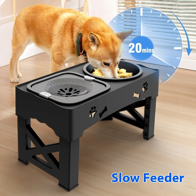 KFX-3892669 Double Bowl Integrated Lifting Stainless Steel Pet Feeder in Black and Gray