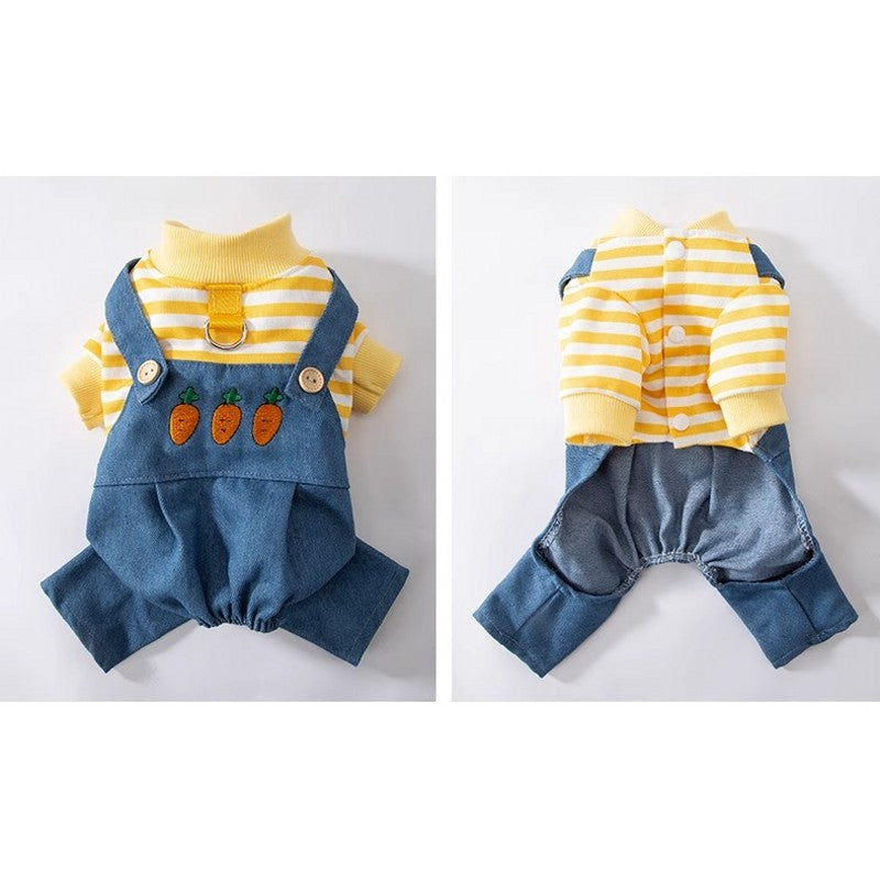 KFX-3893437 Striped Denim Dog Jumpsuit for Puppies and Kittens, Cozy Sweater and Pants Outfit for Cold Weather