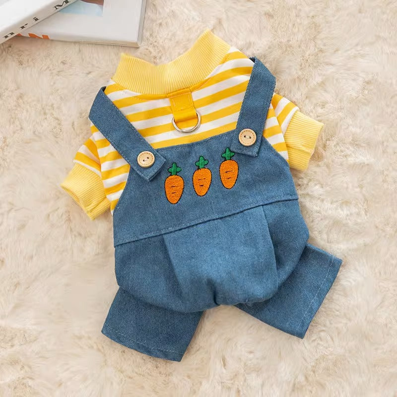 KFX-3893437 Striped Denim Dog Jumpsuit for Puppies and Kittens, Cozy Sweater and Pants Outfit for Cold Weather