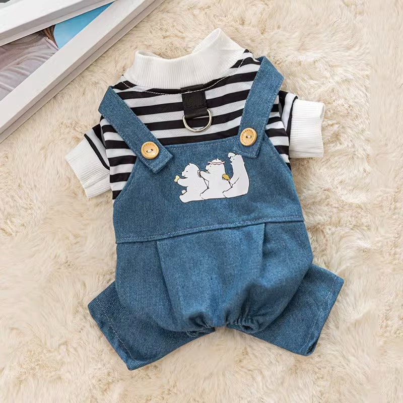 KFX-3893437 Striped Denim Dog Jumpsuit for Puppies and Kittens, Cozy Sweater and Pants Outfit for Cold Weather