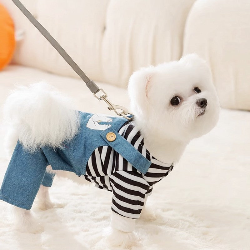 KFX-3893437 Striped Denim Dog Jumpsuit for Puppies and Kittens, Cozy Sweater and Pants Outfit for Cold Weather