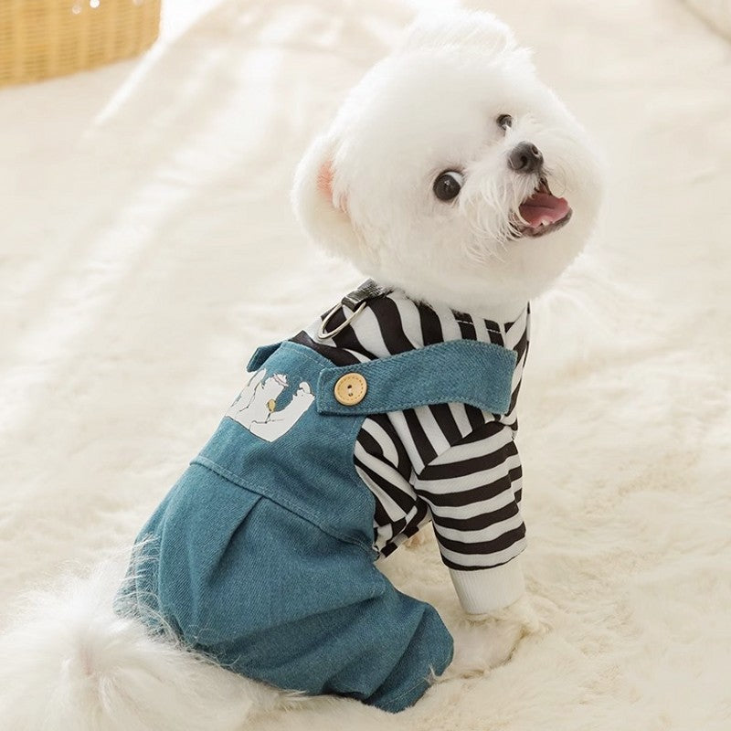KFX-3893437 Striped Denim Dog Jumpsuit for Puppies and Kittens, Cozy Sweater and Pants Outfit for Cold Weather