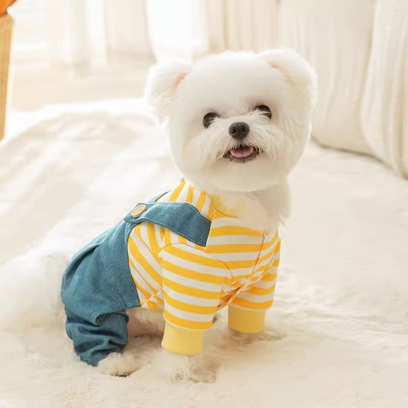 KFX-3893437 Striped Denim Dog Jumpsuit for Puppies and Kittens, Cozy Sweater and Pants Outfit for Cold Weather