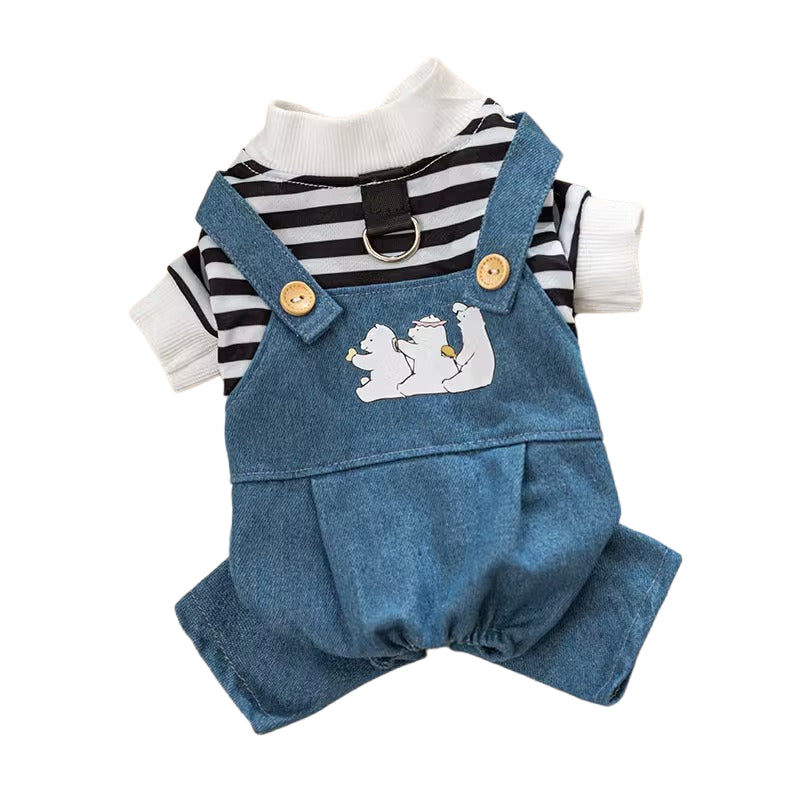 KFX-3893437 Striped Denim Dog Jumpsuit for Puppies and Kittens, Cozy Sweater and Pants Outfit for Cold Weather