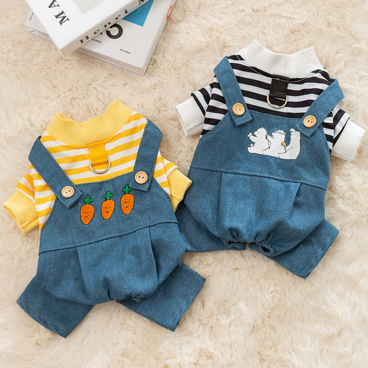 KFX-3893437 Striped Denim Dog Jumpsuit for Puppies and Kittens, Cozy Sweater and Pants Outfit for Cold Weather