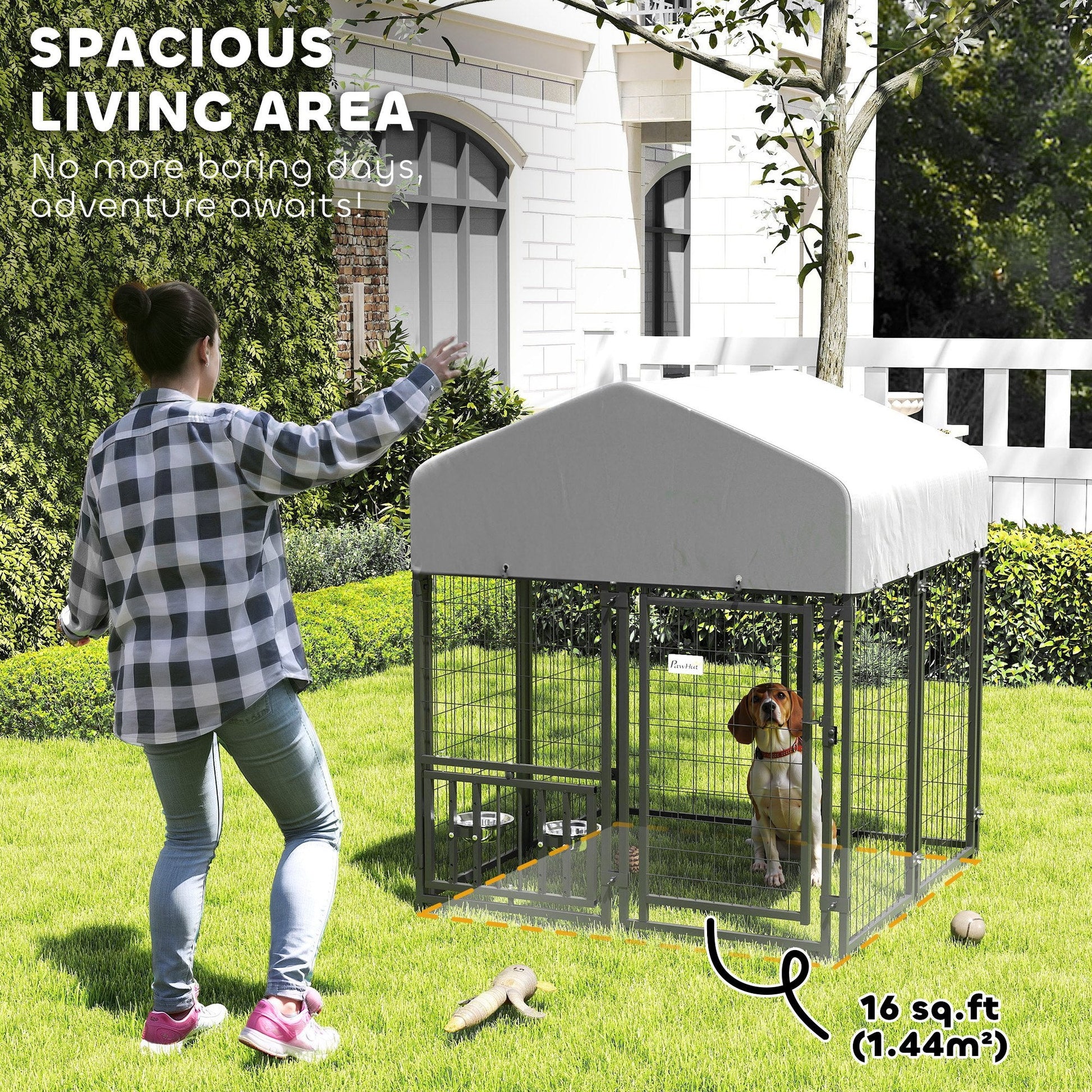 KFX-3898301 Large Welded Wire Outdoor Dog Kennel with Adjustable Bowl Holders and Waterproof Cover, 3.9' x 3.9' x 4.5'