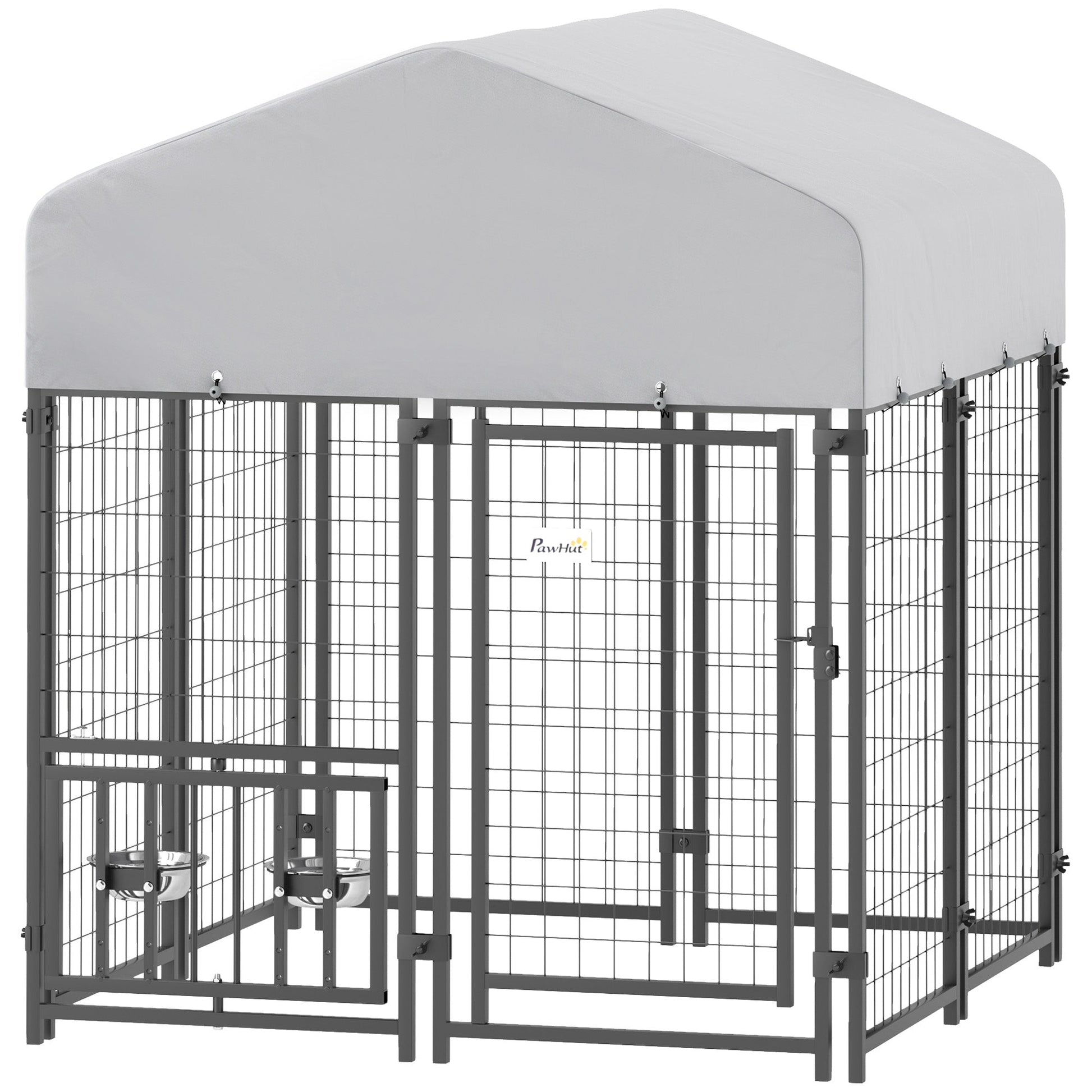 KFX-3898301 Large Welded Wire Outdoor Dog Kennel with Adjustable Bowl Holders and Waterproof Cover, 3.9' x 3.9' x 4.5'