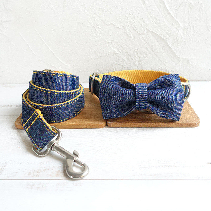 KFX-3902397 Yellow Cowboy Pet Collar Bow Tie Traction Set - Polyester, Available in XS, S, M, L, XL