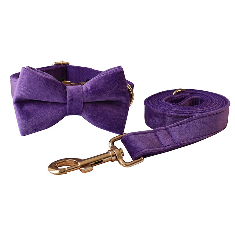 KFX-3908157 Purple Velvet Dog Collar and Leash Set with Bow Knot – Casual and Suitable for All Seasons