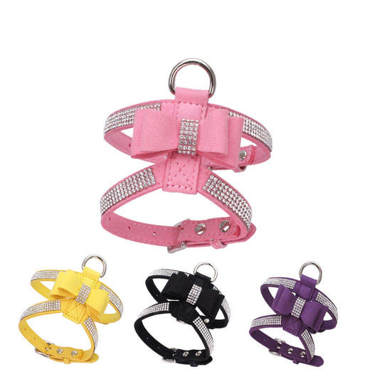 KFX-3909437 Shiny Rhinestone Dog Chest Strap Leash with Adjustable Suede Fabric Collar