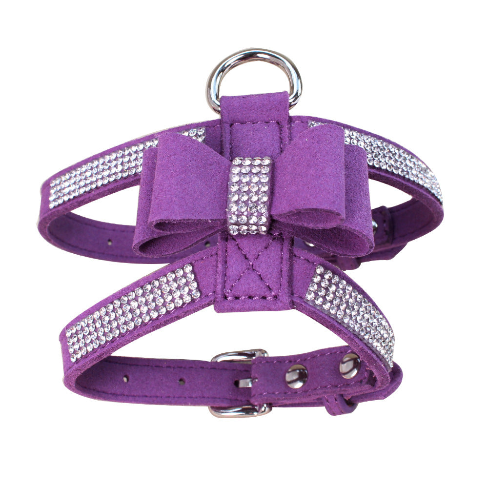 KFX-3909437 Shiny Rhinestone Dog Chest Strap Leash with Adjustable Suede Fabric Collar