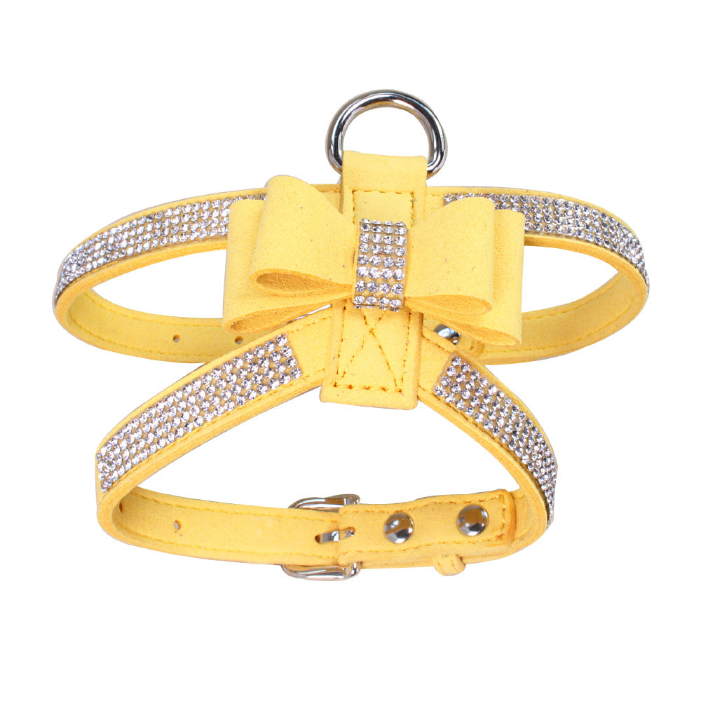 KFX-3909437 Shiny Rhinestone Dog Chest Strap Leash with Adjustable Suede Fabric Collar