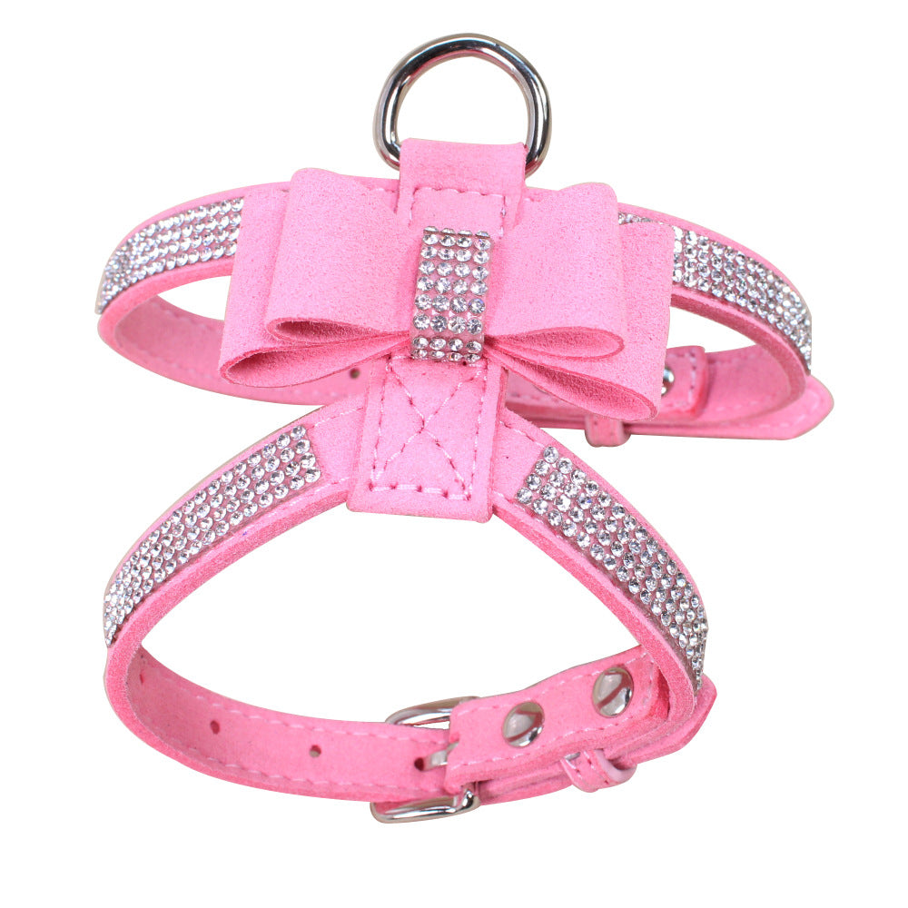KFX-3909437 Shiny Rhinestone Dog Chest Strap Leash with Adjustable Suede Fabric Collar