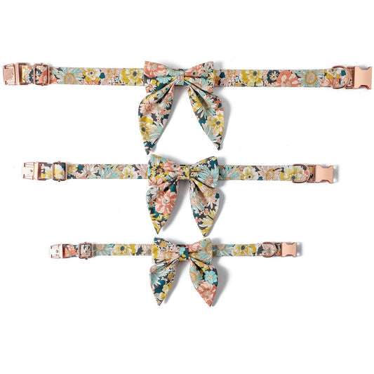 KFX-3912125 Floral Pattern Cotton Dog Collar with Adjustable Rose Buckle in Yellow and Green