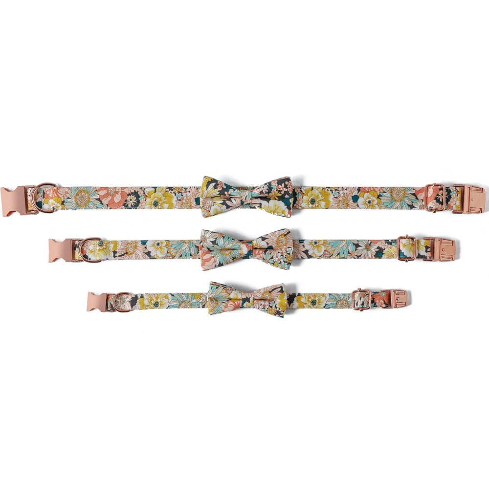 KFX-3912125 Floral Pattern Cotton Dog Collar with Adjustable Rose Buckle in Yellow and Green