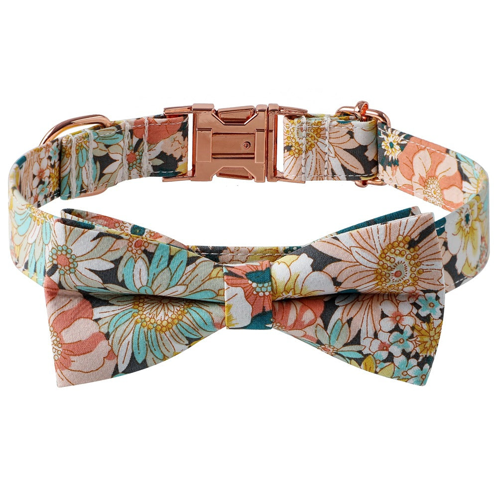 KFX-3912125 Floral Pattern Cotton Dog Collar with Adjustable Rose Buckle in Yellow and Green