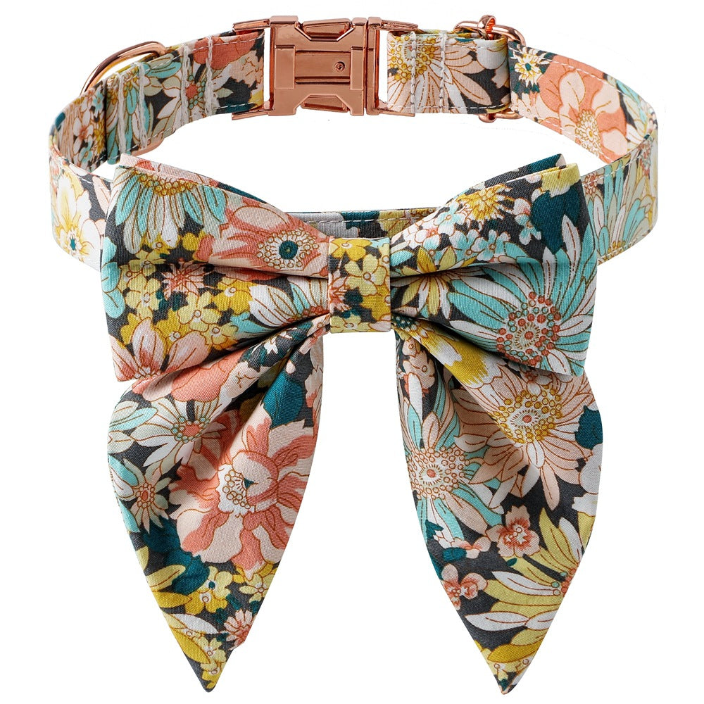 KFX-3912125 Floral Pattern Cotton Dog Collar with Adjustable Rose Buckle in Yellow and Green