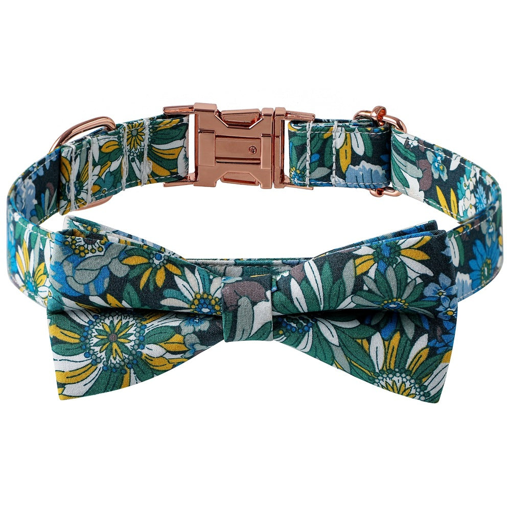KFX-3912125 Floral Pattern Cotton Dog Collar with Adjustable Rose Buckle in Yellow and Green