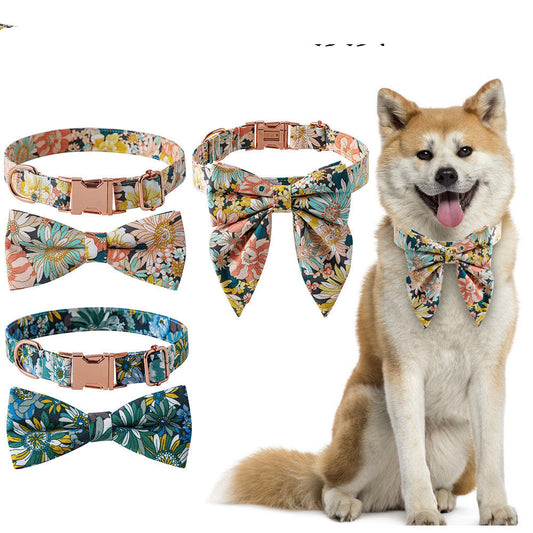 KFX-3912125 Floral Pattern Cotton Dog Collar with Adjustable Rose Buckle in Yellow and Green
