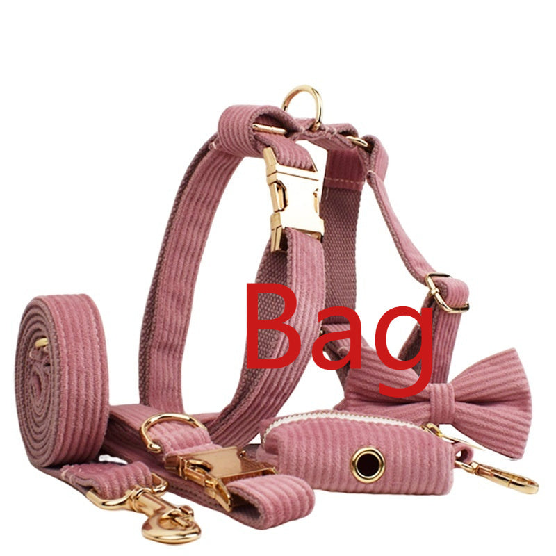 KFX-3917373 Corduroy Pet Collar and Leash Set with Bow and Waste Bag