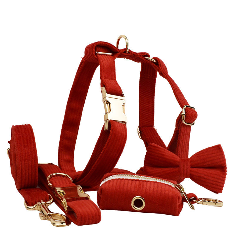 KFX-3917373 Corduroy Pet Collar and Leash Set with Bow and Waste Bag