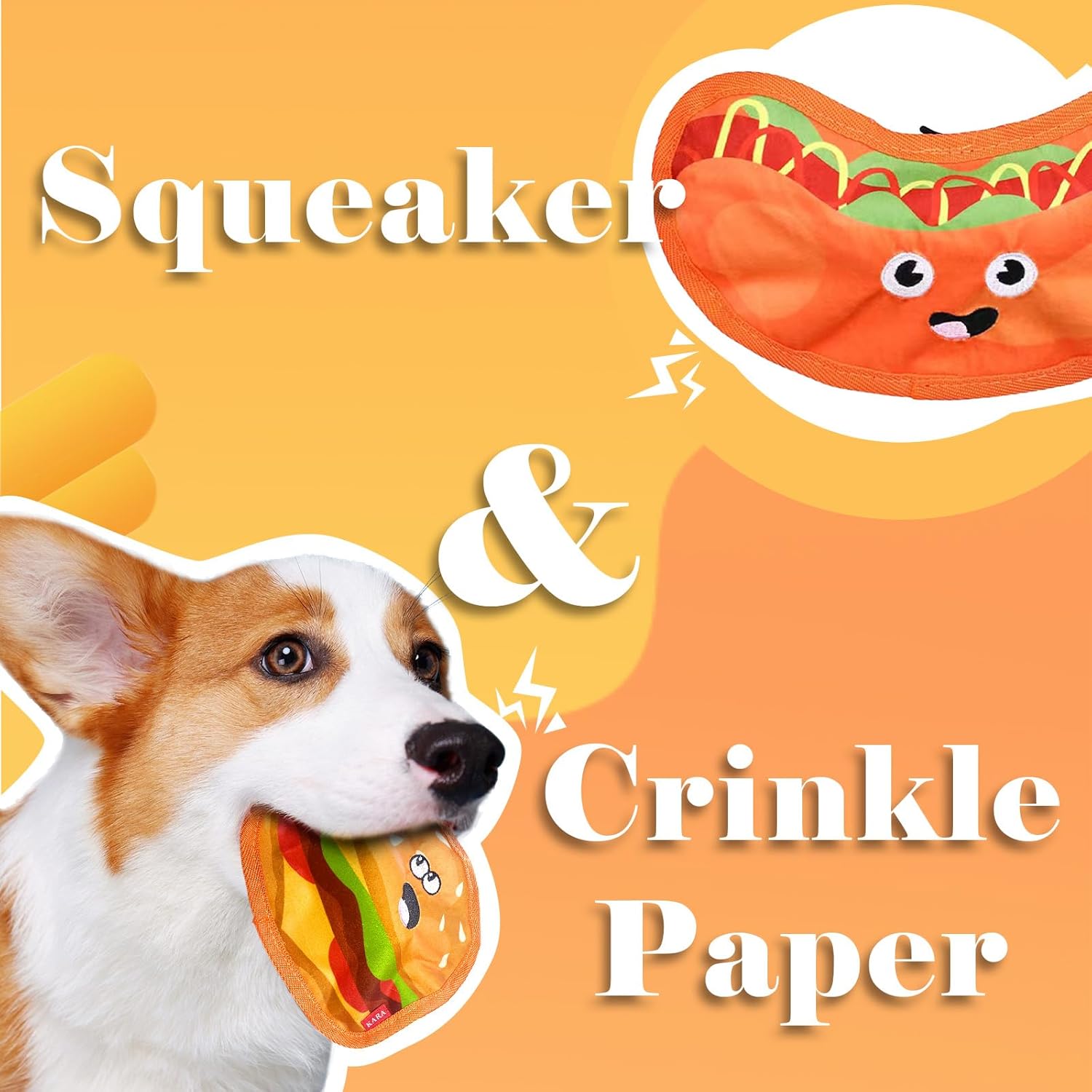 KFX-3919165 Durable Crinkle Hamburger Dog Toy with Squeaker - Interactive No Stuffing Chew Toy for Puppies and Dogs