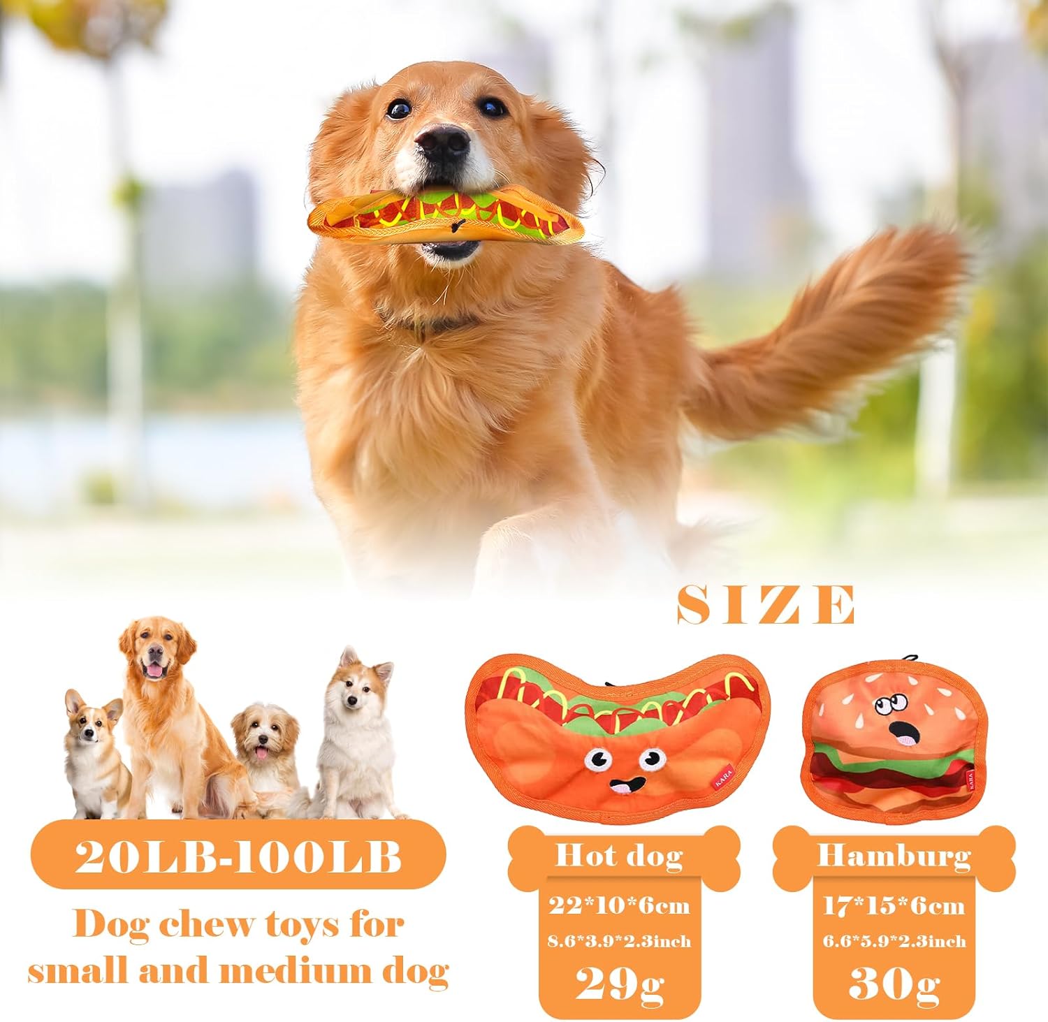 KFX-3919165 Durable Crinkle Hamburger Dog Toy with Squeaker - Interactive No Stuffing Chew Toy for Puppies and Dogs