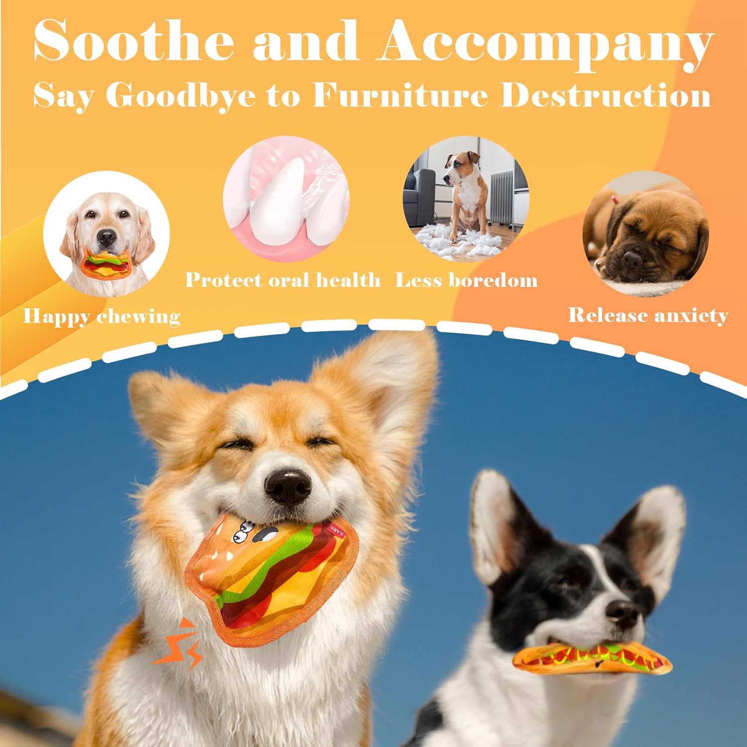 KFX-3919165 Durable Crinkle Hamburger Dog Toy with Squeaker - Interactive No Stuffing Chew Toy for Puppies and Dogs