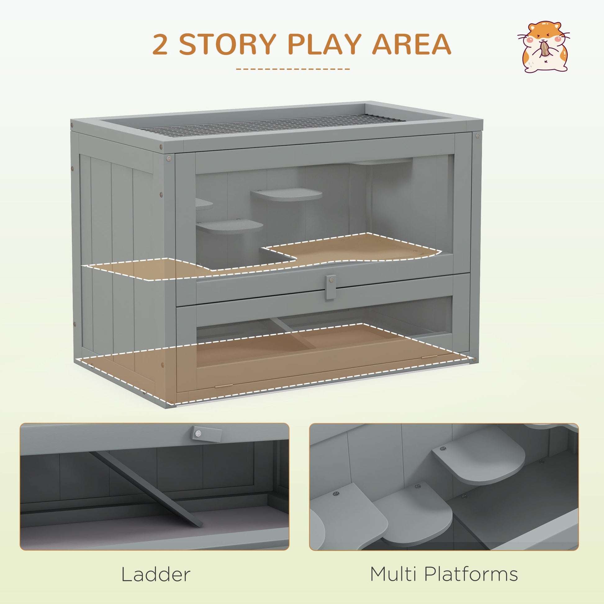 KFX-3919549 2-Level Gray Hamster Cage with Openable Roof, Ventilation, and Ramp Access