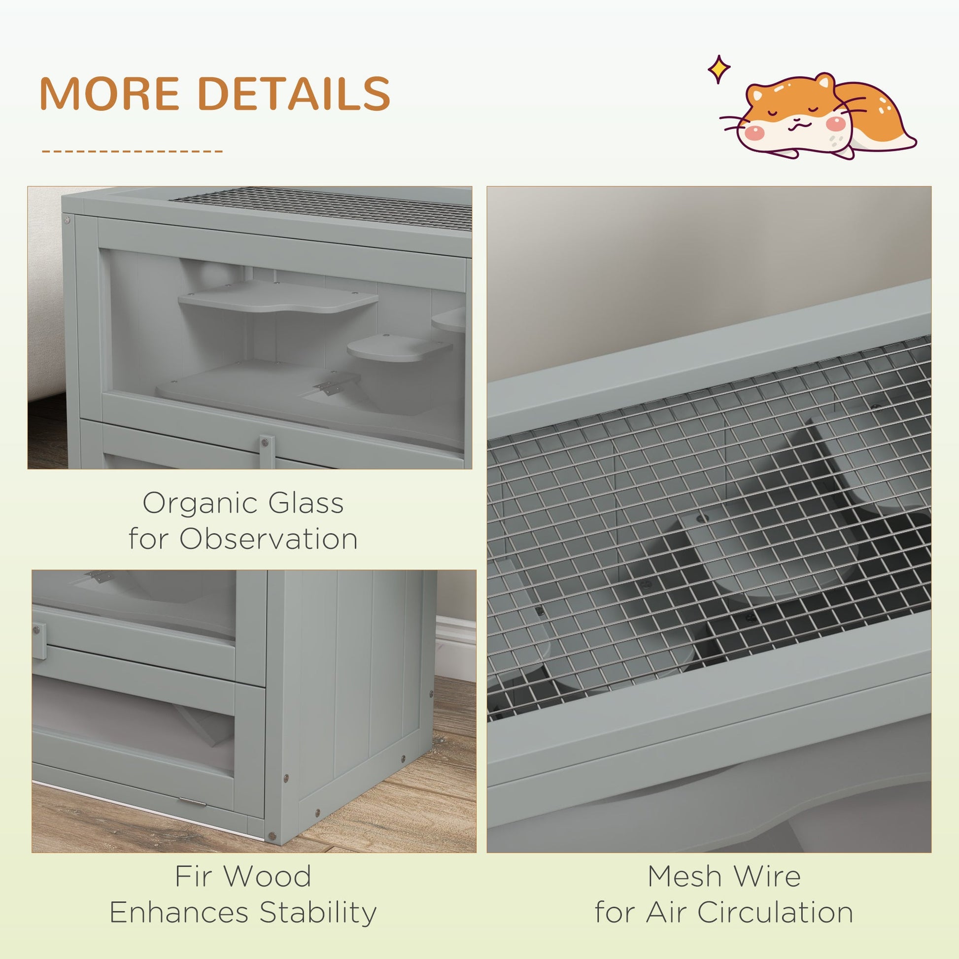 KFX-3919549 2-Level Gray Hamster Cage with Openable Roof, Ventilation, and Ramp Access