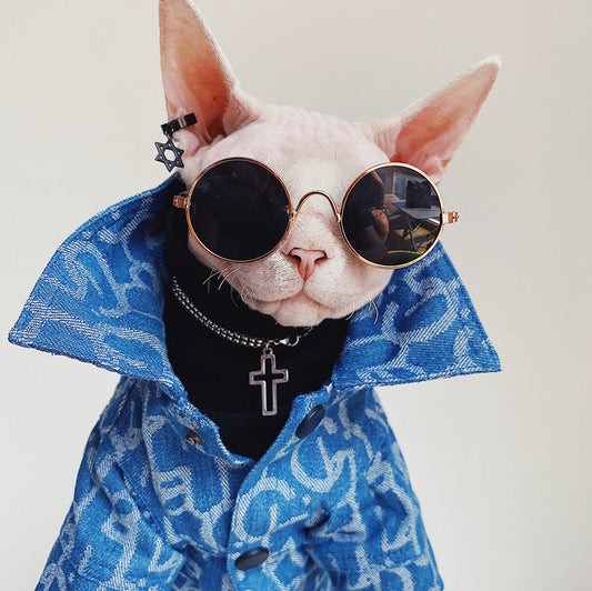 KFX-3920061 Denim Jacket for Hairless Cats with Turtleneck and Cross Necklace, Cotton Fabric