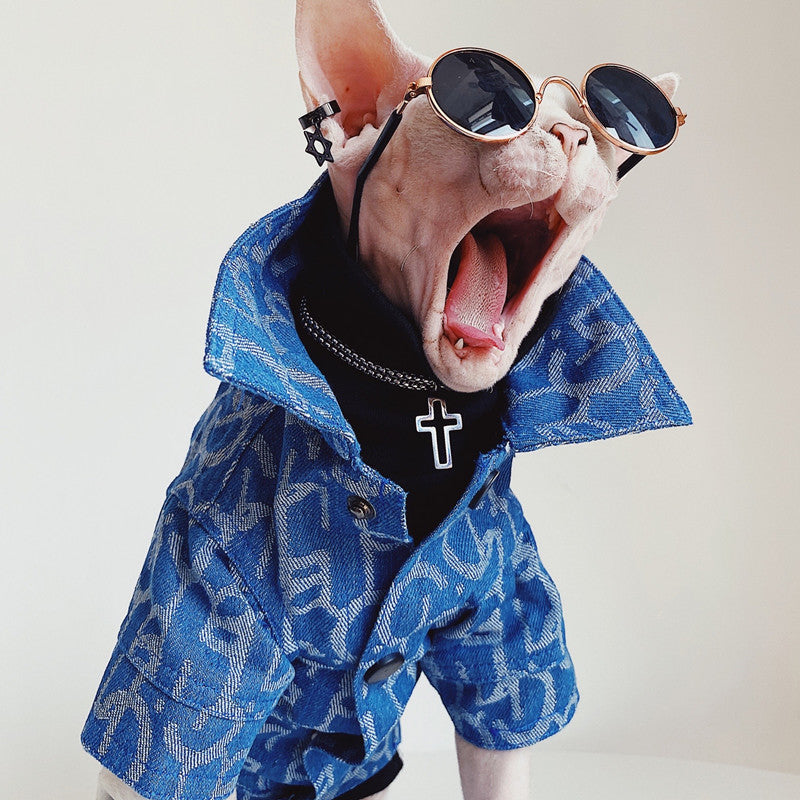 KFX-3920061 Denim Jacket for Hairless Cats with Turtleneck and Cross Necklace, Cotton Fabric