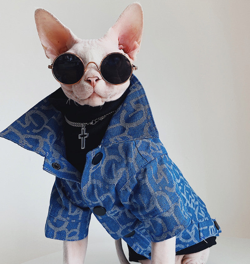 KFX-3920061 Denim Jacket for Hairless Cats with Turtleneck and Cross Necklace, Cotton Fabric