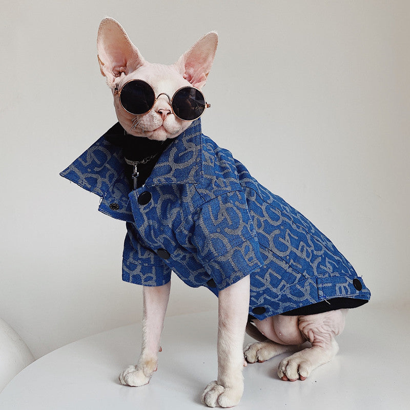 KFX-3920061 Denim Jacket for Hairless Cats with Turtleneck and Cross Necklace, Cotton Fabric
