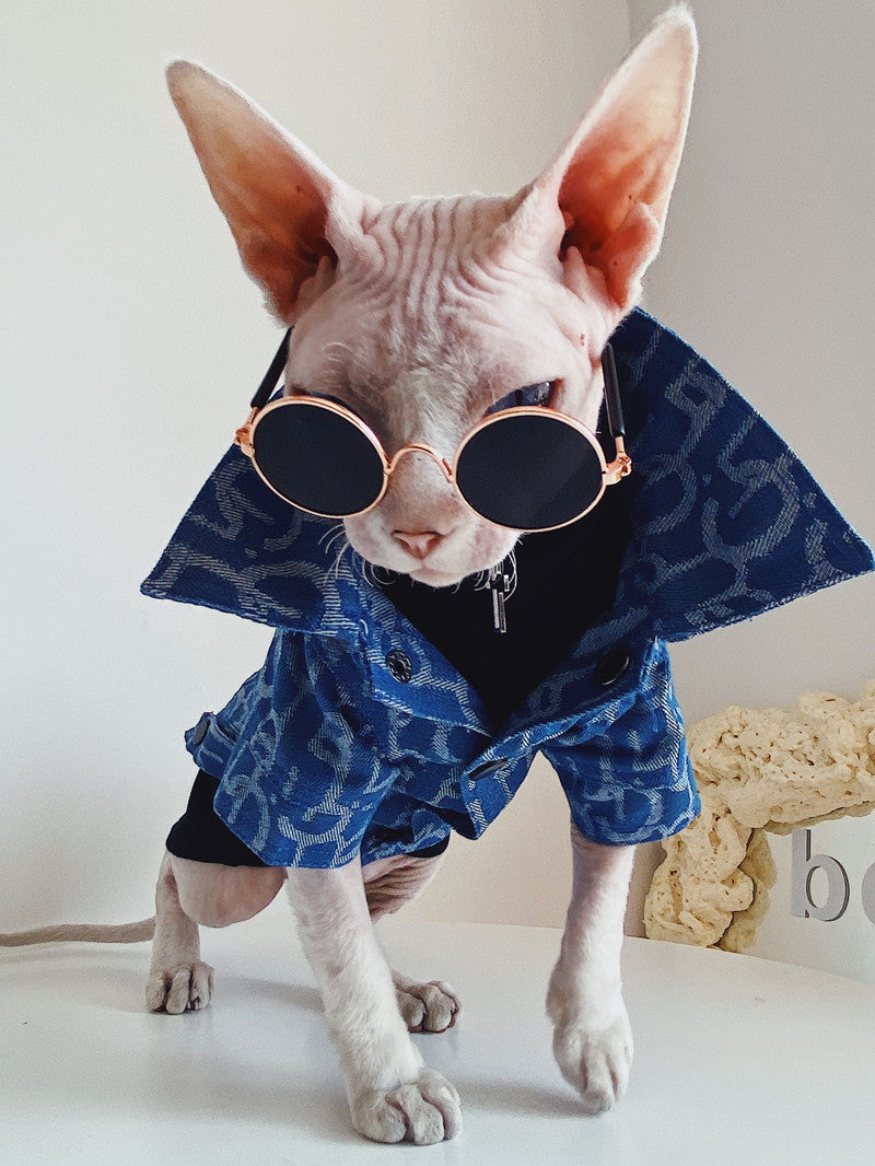 KFX-3920061 Denim Jacket for Hairless Cats with Turtleneck and Cross Necklace, Cotton Fabric