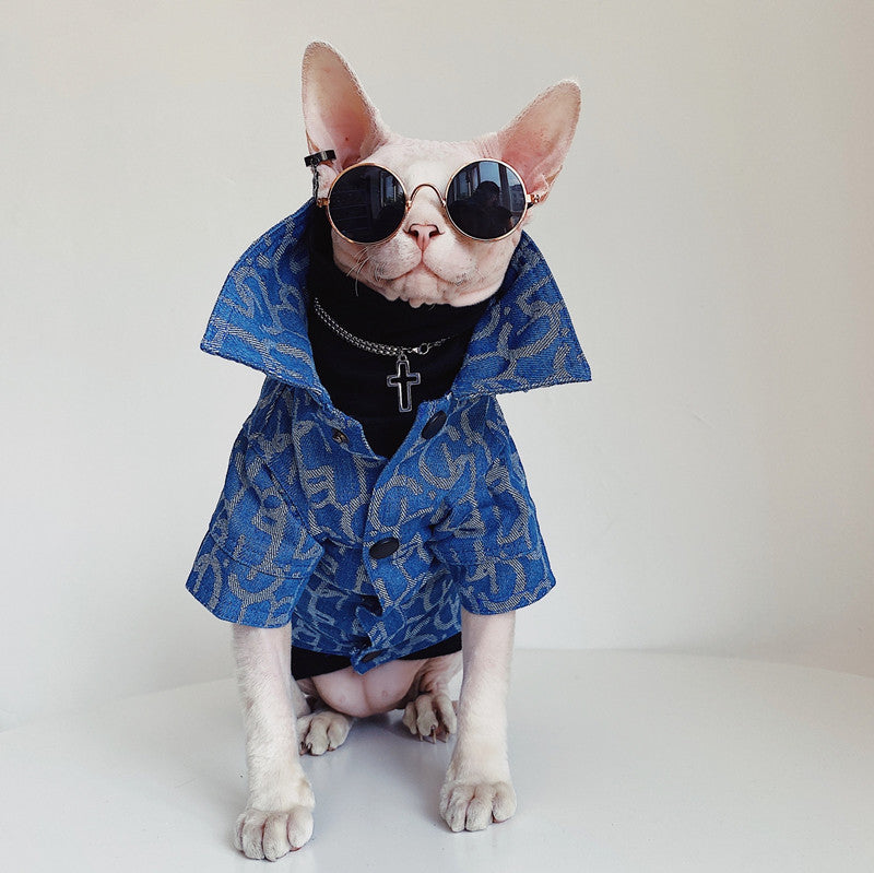 KFX-3920061 Denim Jacket for Hairless Cats with Turtleneck and Cross Necklace, Cotton Fabric