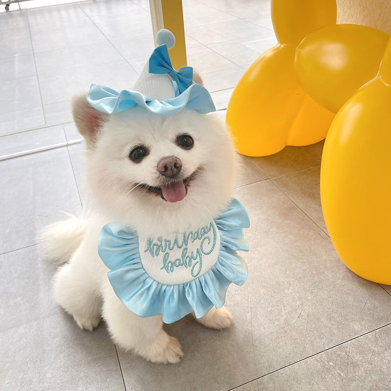 KFX-3922237 Cute Dog Birthday Bib and Hat Set with Embroidery for All Seasons