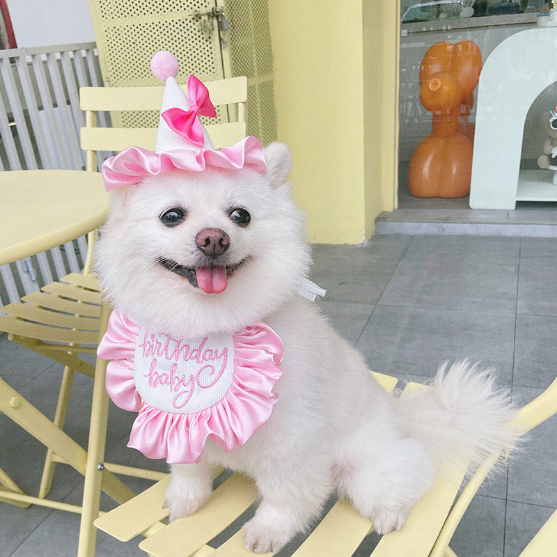 KFX-3922237 Cute Dog Birthday Bib and Hat Set with Embroidery for All Seasons