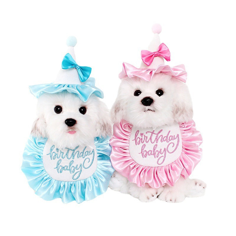 KFX-3922237 Cute Dog Birthday Bib and Hat Set with Embroidery for All Seasons