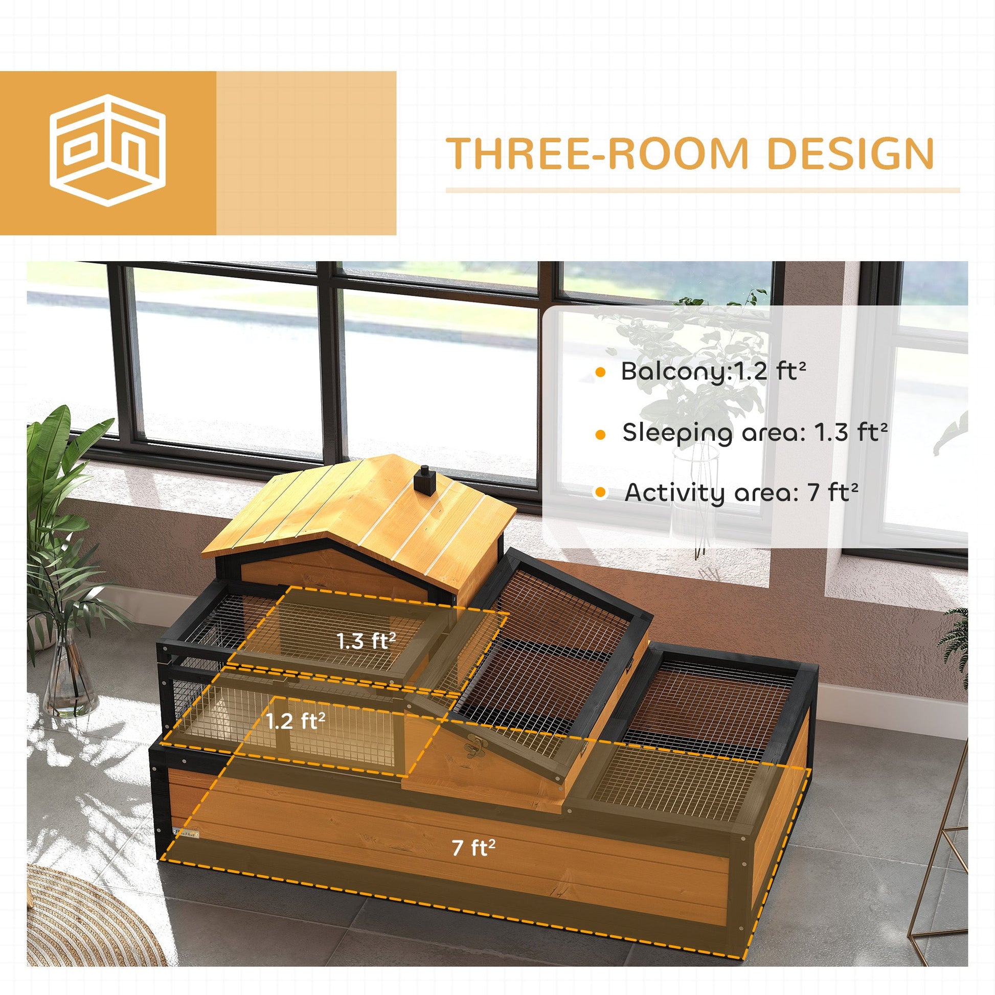 KFX-3925309 3-Room Tortoise Habitat with Balcony, Two Stories, Yellow, 44" x 25.5" x 25"