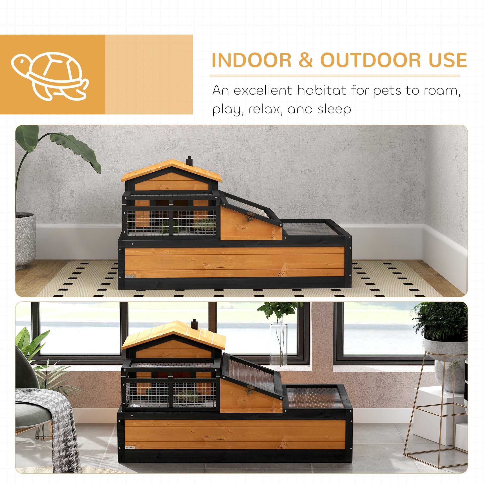 KFX-3925309 3-Room Tortoise Habitat with Balcony, Two Stories, Yellow, 44" x 25.5" x 25"