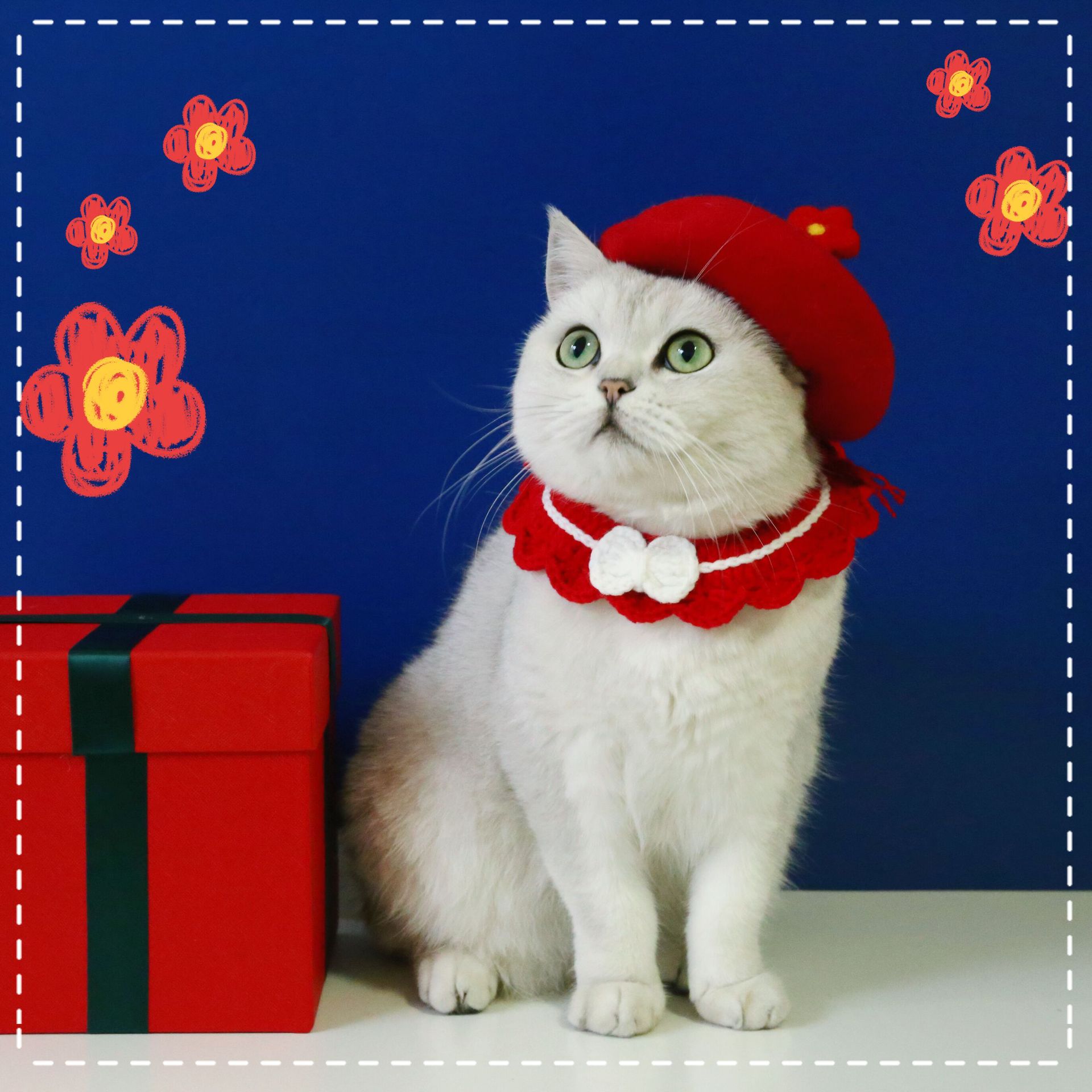 KFX-3926461 Wool Felt Flower Hat for Pets – Red, Yellow, Pink, and White Floral Styles