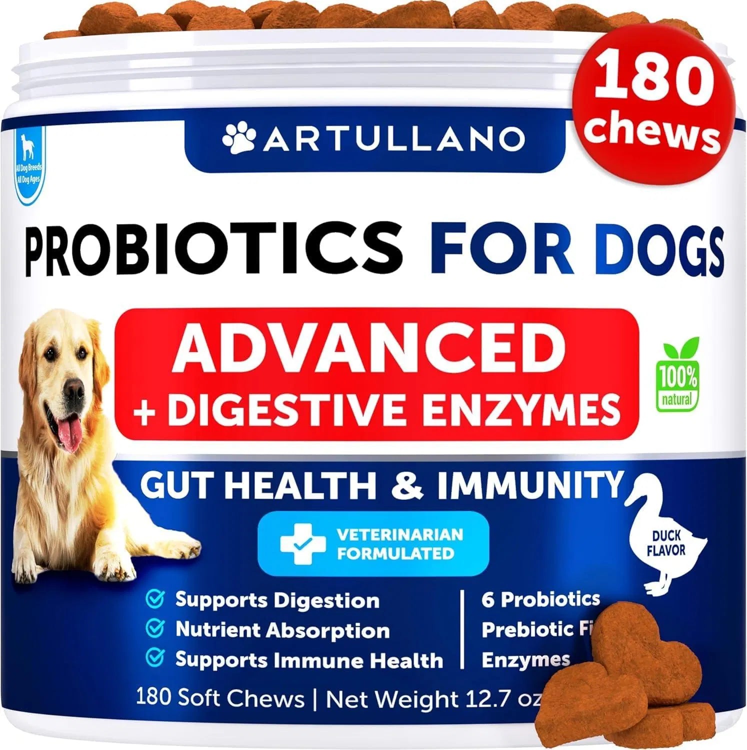 KFX-3927485 Duck Flavored Probiotics for Dogs - Supports Gut Health, Immune System, and Digestive Balance in Chewable Form, 180 Count