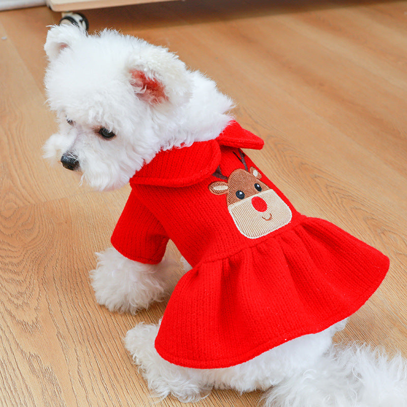 KFX-3929789 Warm Elk Design Dog Skirt and Hoodie Outfit - Stylish Polyester Dog Apparel for Winter