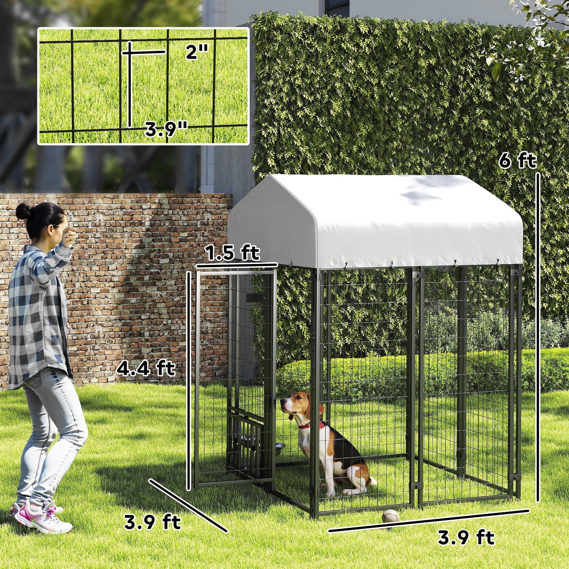 KFX-3931069 Outdoor Dog Kennel with Rotating Bowl Holder and Adjustable Feeding Racks, 3.9' x 3.9' x 6'