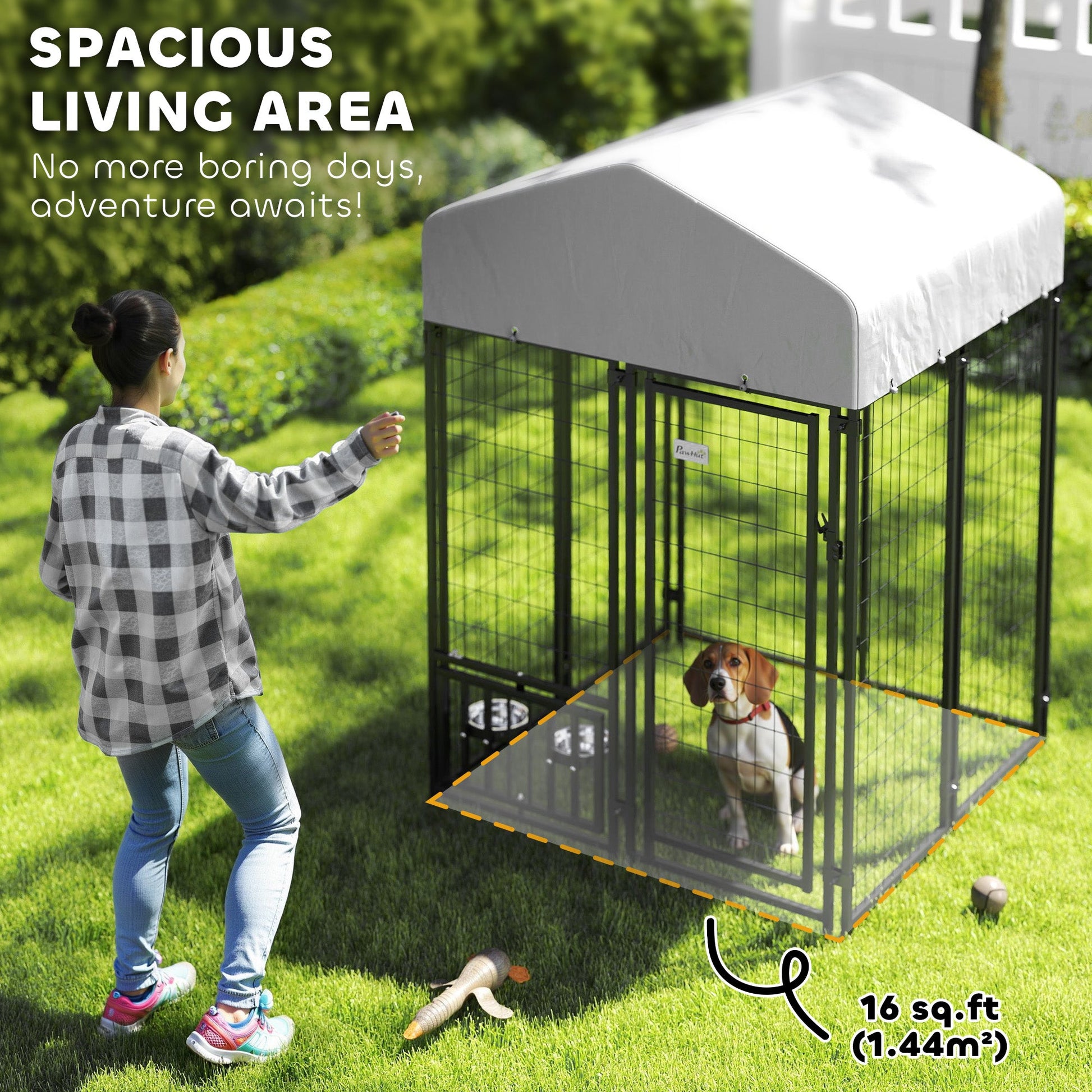 KFX-3931069 Outdoor Dog Kennel with Rotating Bowl Holder and Adjustable Feeding Racks, 3.9' x 3.9' x 6'