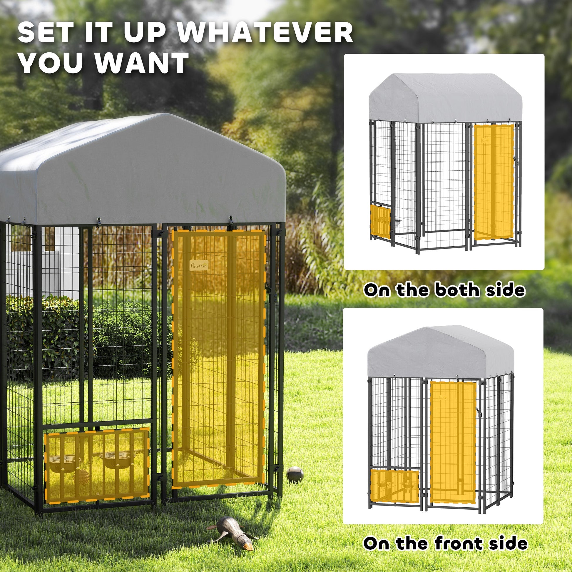 KFX-3931069 Outdoor Dog Kennel with Rotating Bowl Holder and Adjustable Feeding Racks, 3.9' x 3.9' x 6'