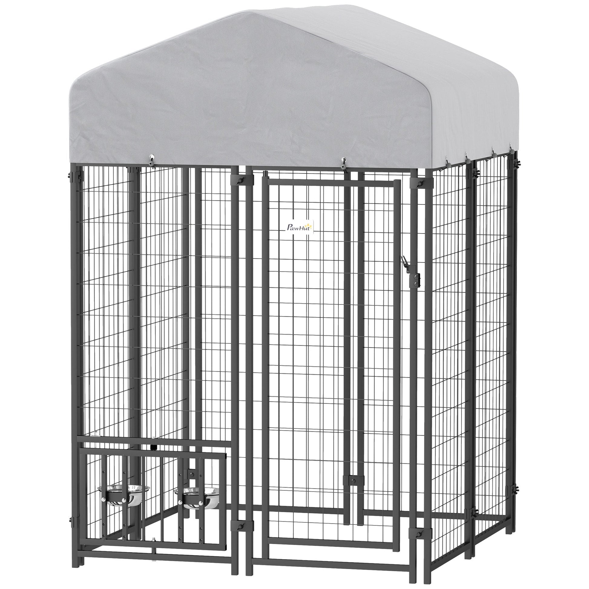 KFX-3931069 Outdoor Dog Kennel with Rotating Bowl Holder and Adjustable Feeding Racks, 3.9' x 3.9' x 6'