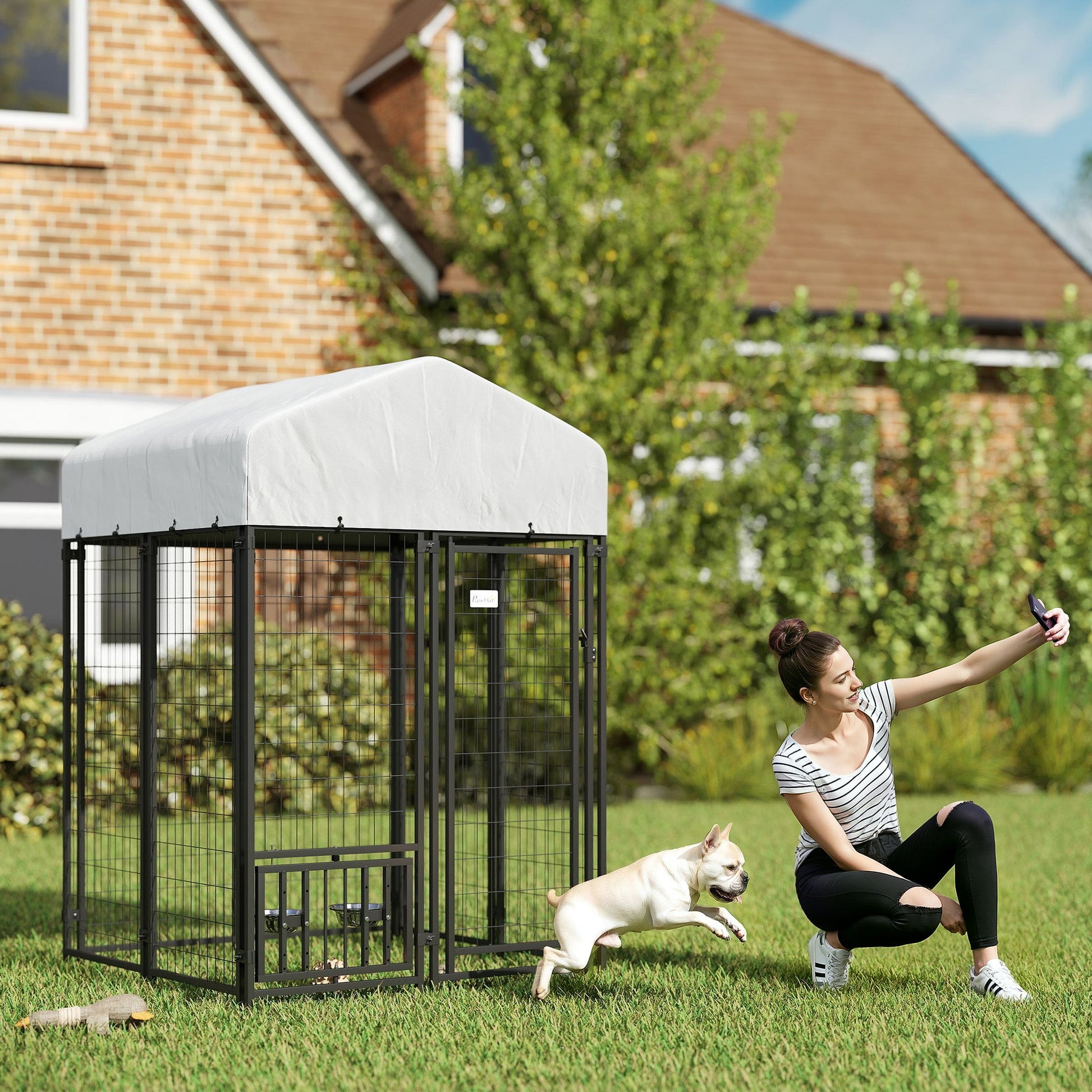 KFX-3931069 Outdoor Dog Kennel with Rotating Bowl Holder and Adjustable Feeding Racks, 3.9' x 3.9' x 6'