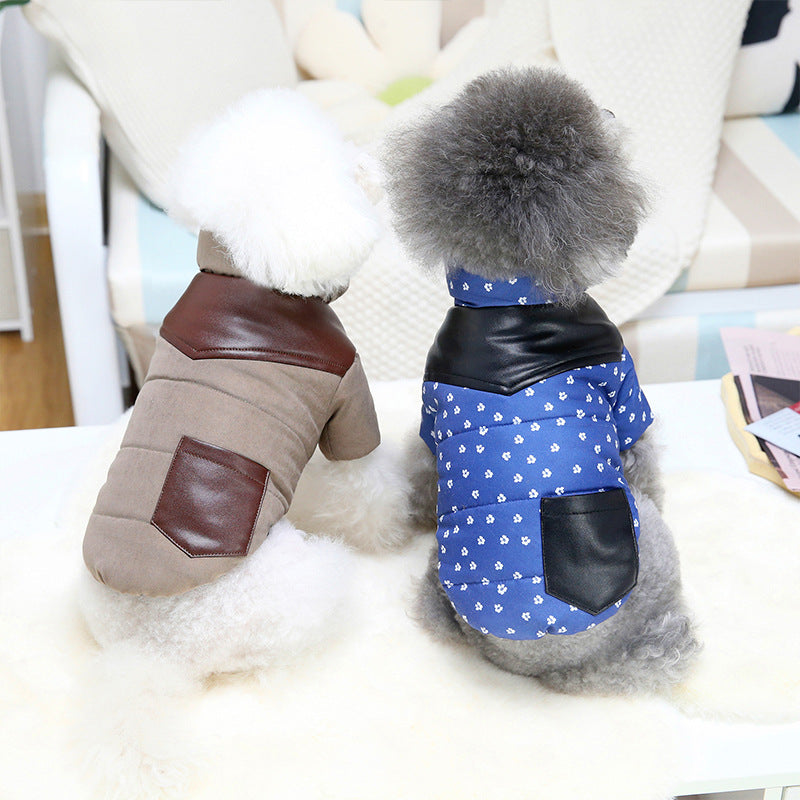 KFX-3933757 Casual Dog Jumpsuit with Leather Stitching and Plush Lining in Khaki and Blue